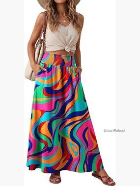Maxi Skirt with Pockets Smocked Elastic High Waisted Flowy Long